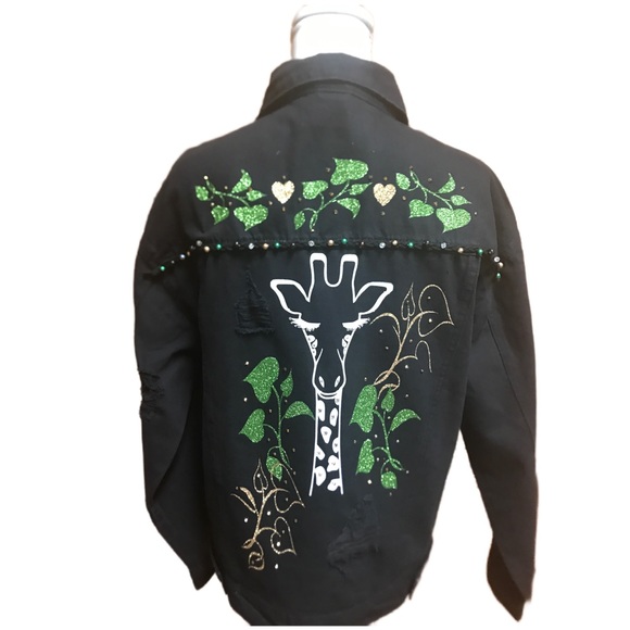 I Love Giraffes Black Denim Oversize Distressed Jacket - Picture 2 of 11